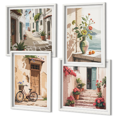 Ensemble de 4 tableaux Rues fleurs vélo peint