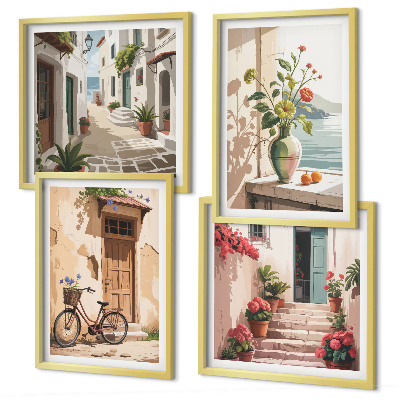 Ensemble de 4 tableaux Rues fleurs vélo peint