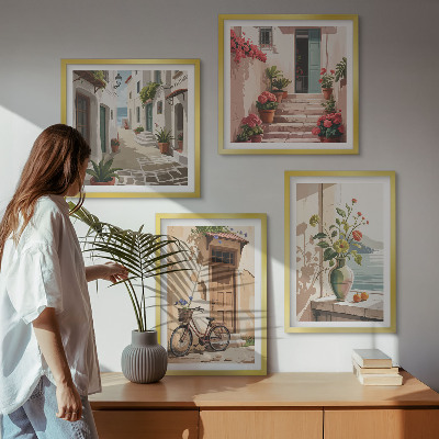Ensemble de 4 tableaux Rues fleurs vélo peint