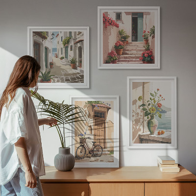 Ensemble de 4 tableaux Rues fleurs vélo peint