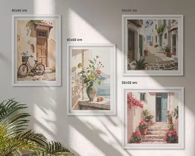 Ensemble de 4 tableaux représentant des rues fleuries et un vélo