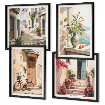 Ensemble de 4 tableaux Rues fleurs vélo peint