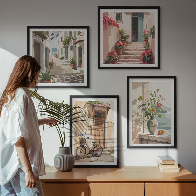 Ensemble de 4 tableaux Rues fleurs vélo peint
