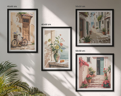Ensemble de 4 tableaux Rues fleurs vélo peint