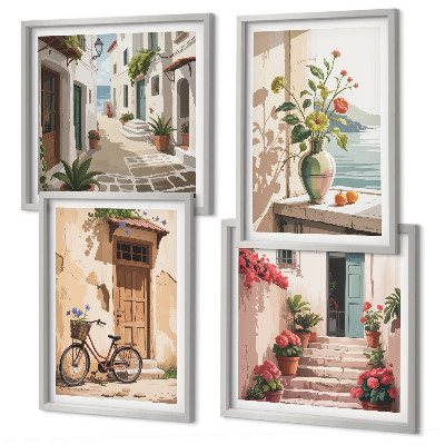Ensemble de 4 tableaux Rues fleurs vélo peint