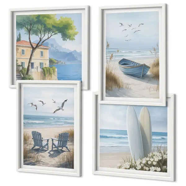 Mur de tableaux avec planches de surf, bateaux et oiseaux