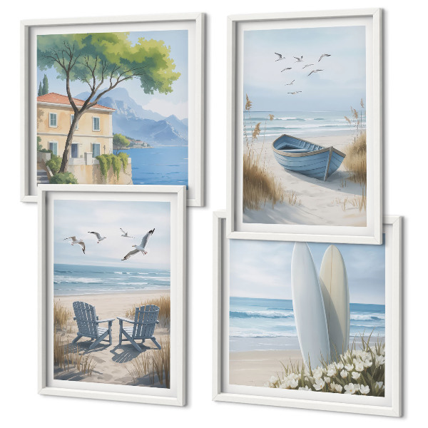 Mur de tableaux Planches de plage, bateaux de surf, oiseaux