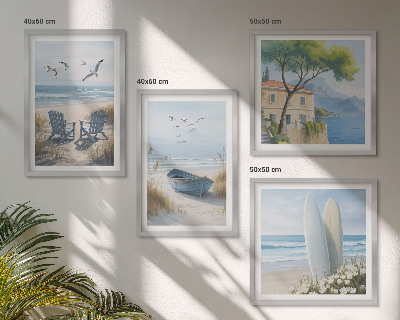 Mur de tableaux Planches de plage, bateaux de surf, oiseaux