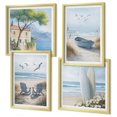 Mur de tableaux avec planches de surf, bateaux et oiseaux