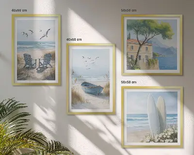 Mur de tableaux avec planches de surf, bateaux et oiseaux