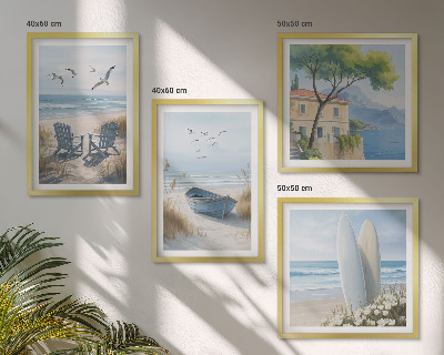 Mur de tableaux Planches de plage, bateaux de surf, oiseaux
