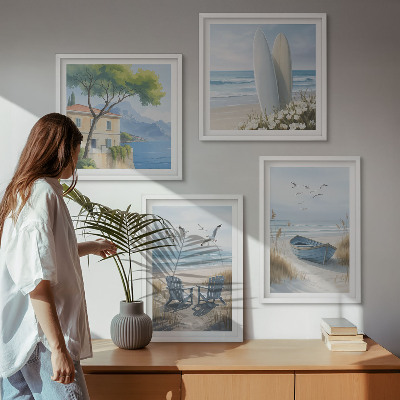 Mur de tableaux Planches de plage, bateaux de surf, oiseaux