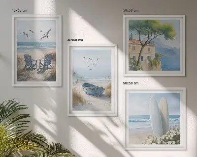 Mur de tableaux avec planches de surf, bateaux et oiseaux