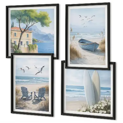 Mur de tableaux avec planches de surf, bateaux et oiseaux