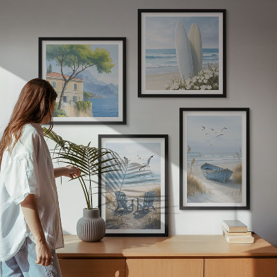 Mur de tableaux Planches de plage, bateaux de surf, oiseaux