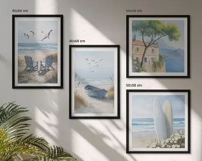 Mur de tableaux avec planches de surf, bateaux et oiseaux