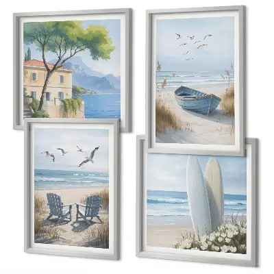 Mur de tableaux avec planches de surf, bateaux et oiseaux