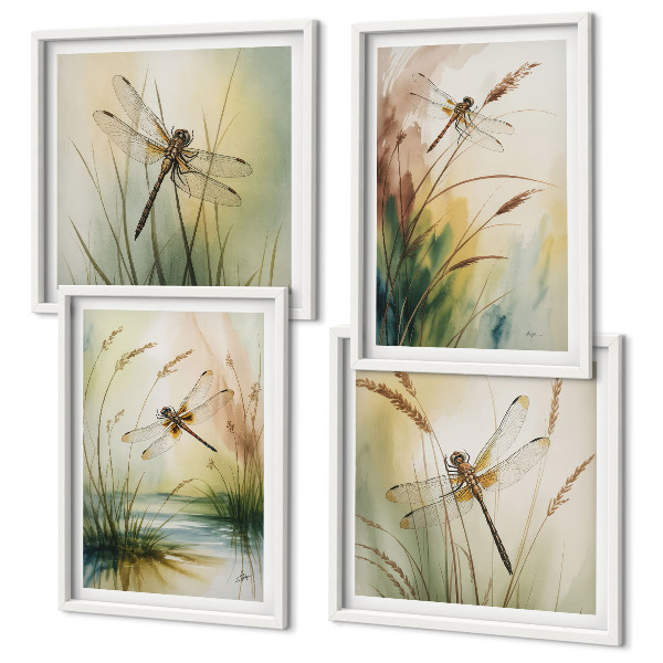 Ensemble de 4 tableaux Peinture à l'eau de libellules sur herbe