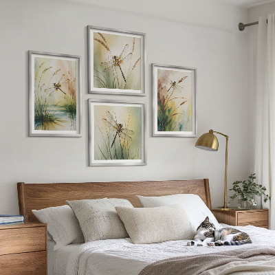 Ensemble de 4 tableaux Peinture à l'eau de libellules sur herbe