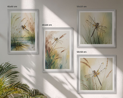 Ensemble de 4 tableaux Peinture à l'eau de libellules sur herbe