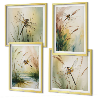 Ensemble de 4 tableaux Peinture à l'eau de libellules sur herbe