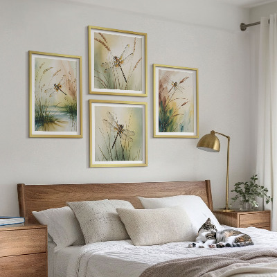 Ensemble de 4 tableaux Peinture à l'eau de libellules sur herbe