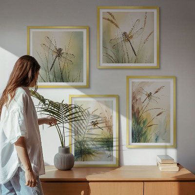 Ensemble de 4 tableaux Peinture à l'eau de libellules sur herbe