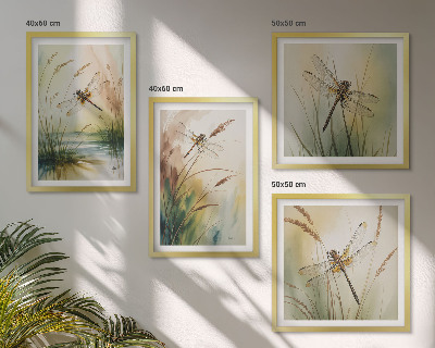 Ensemble de 4 tableaux Peinture à l'eau de libellules sur herbe