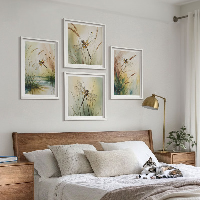 Ensemble de 4 tableaux Peinture à l'eau de libellules sur herbe
