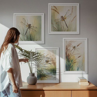 Ensemble de 4 tableaux Peinture à l'eau de libellules sur herbe