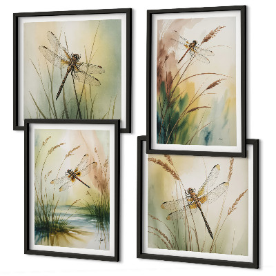 Ensemble de 4 tableaux Peinture à l'eau de libellules sur herbe