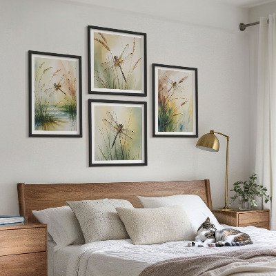 Ensemble de 4 tableaux Peinture à l'eau de libellules sur herbe