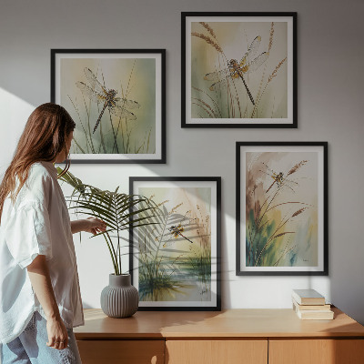 Ensemble de 4 tableaux Peinture à l'eau de libellules sur herbe