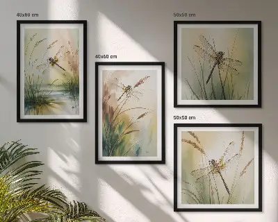 Peinture à l'eau de libellules sur herbe ensemble de 4 tableaux