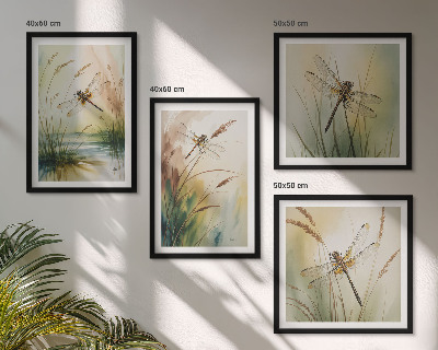 Ensemble de 4 tableaux Peinture à l'eau de libellules sur herbe