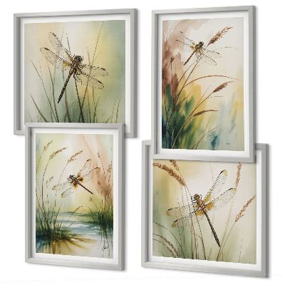 Ensemble de 4 tableaux Peinture à l'eau de libellules sur herbe