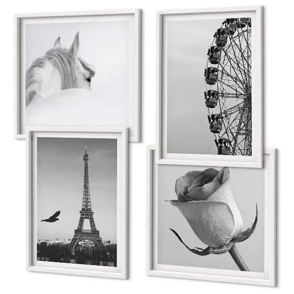 Tableau polyptyque 3 cadres motif rose tour eiffel cheval et grande roue en noir et blanc