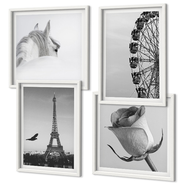 Polyptyque z cadres Rose tour eiffel cheval grande roue noir et blanc