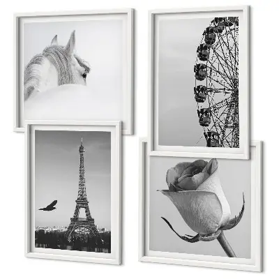 Tableau polyptyque 3 cadres motif rose tour eiffel cheval et grande roue en noir et blanc