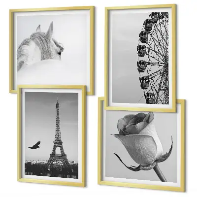 Tableau polyptyque 3 cadres motif rose tour eiffel cheval et grande roue en noir et blanc