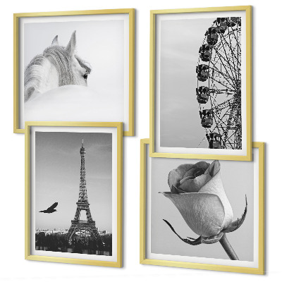 Polyptyque z cadres Rose tour eiffel cheval grande roue noir et blanc