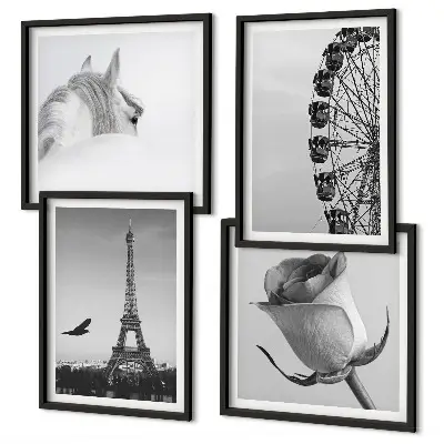 Tableau polyptyque 3 cadres motif rose tour eiffel cheval et grande roue en noir et blanc