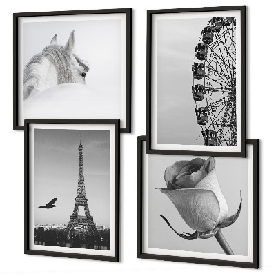 Polyptyque z cadres Rose tour eiffel cheval grande roue noir et blanc
