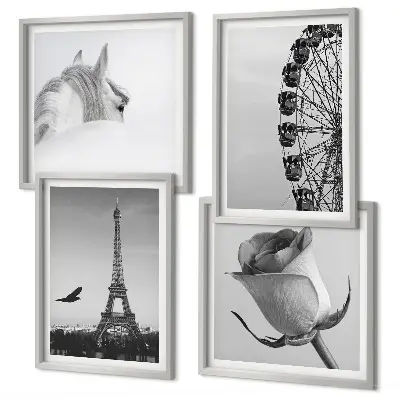 Tableau polyptyque 3 cadres motif rose tour eiffel cheval et grande roue en noir et blanc