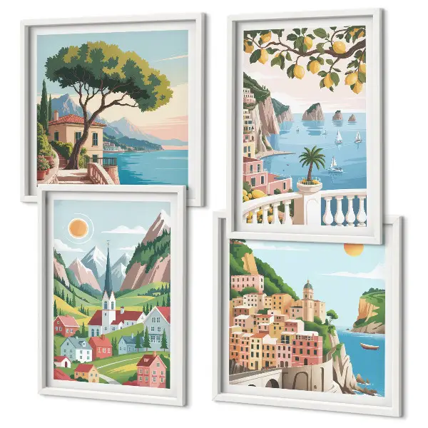 Mur de tableaux paysages marins et agrumes