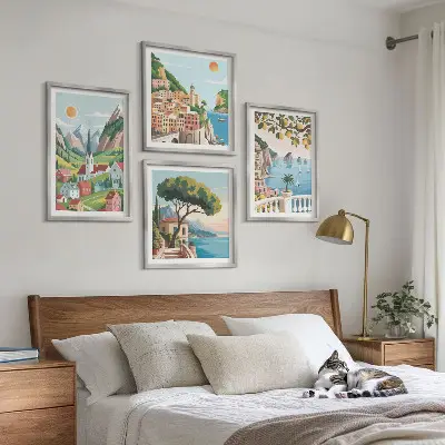 Mur de tableaux paysages marins et agrumes