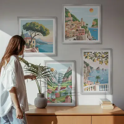 Mur de tableaux paysages marins et agrumes