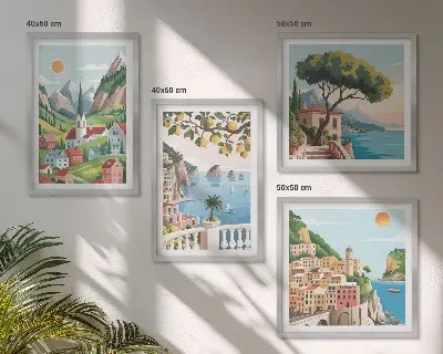 Mur de tableaux paysages marins et agrumes