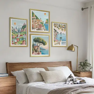 Mur de tableaux paysages marins et agrumes