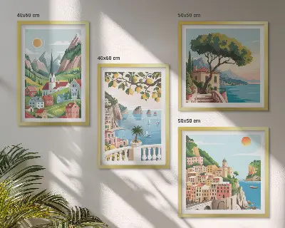 Mur de tableaux paysages marins et agrumes